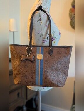 MCM BROWN Visetos Coated Canvas Striped Shopper Tote SMALL